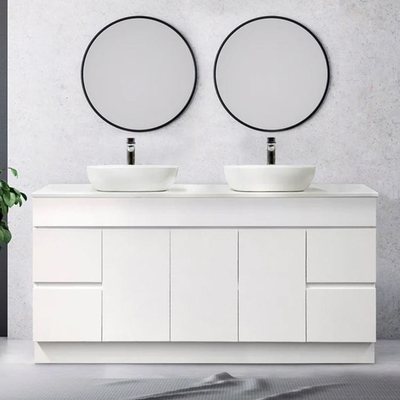 Vrijstaande dubbele wastafel, design massief houten badkamermeubels