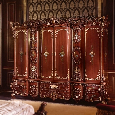 Met de hand gemaakte Gesneden de Kast Rode Houten Garderobe Met vier deuren van de Slaapkamer Europese Stijl