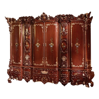Met de hand gemaakte Gesneden de Kast Rode Houten Garderobe Met vier deuren van de Slaapkamer Europese Stijl