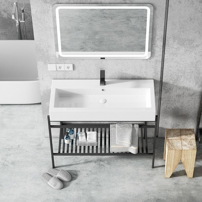 Vloer - opgezette van de het Kabinets Europese Ceramische Gootsteen van de Hotelbadkamers de Ijdelheidseenheid met Spiegel